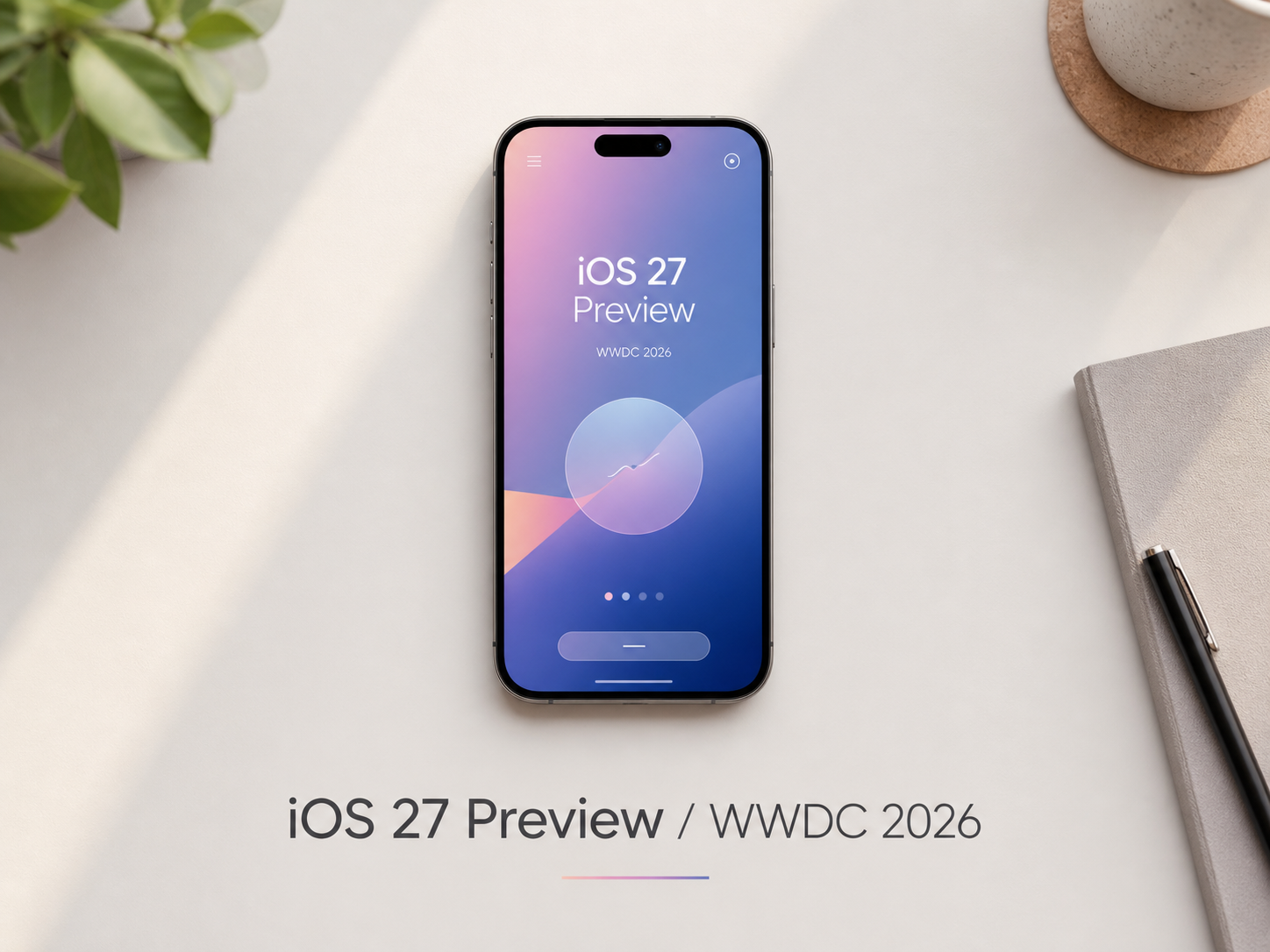 iOS 27 preview image showing WWDC 2026, Siri upgrades, satellite features, and a smarter iPhone keyboard