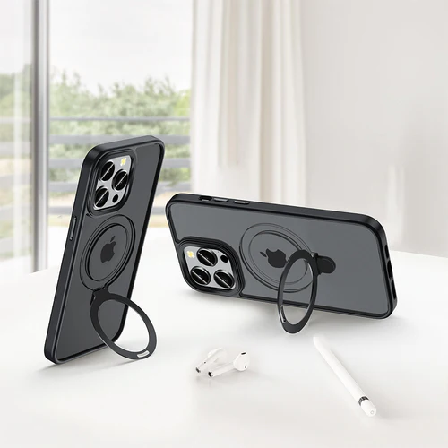 ENCASED Custodia con cavalletto per iPhone 16 (compatibile con MagSafe) posteriore traslucida con paraurti protettivi in TPU e supporto magnetico rotante ad anello (nero