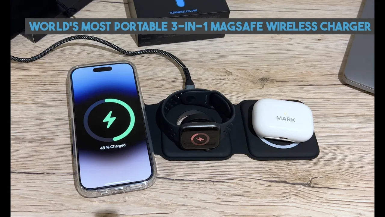ZEERA MegFold: World's Most Portable 3-in-1 Foldable Travel MagSafe  Wireless Charger for iPhone 15,Apple Watch & AirPods