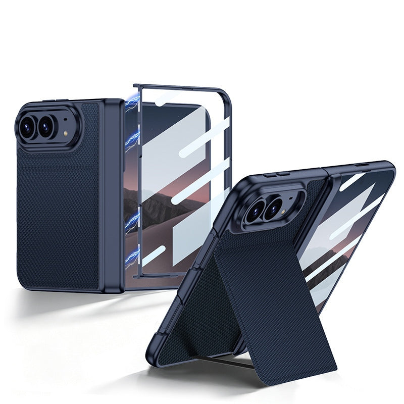 우븐 후면 패널, 전면 보호부, 스탠드를 보여주는 네이비 블루 ZEERA FoldFlip Pro
