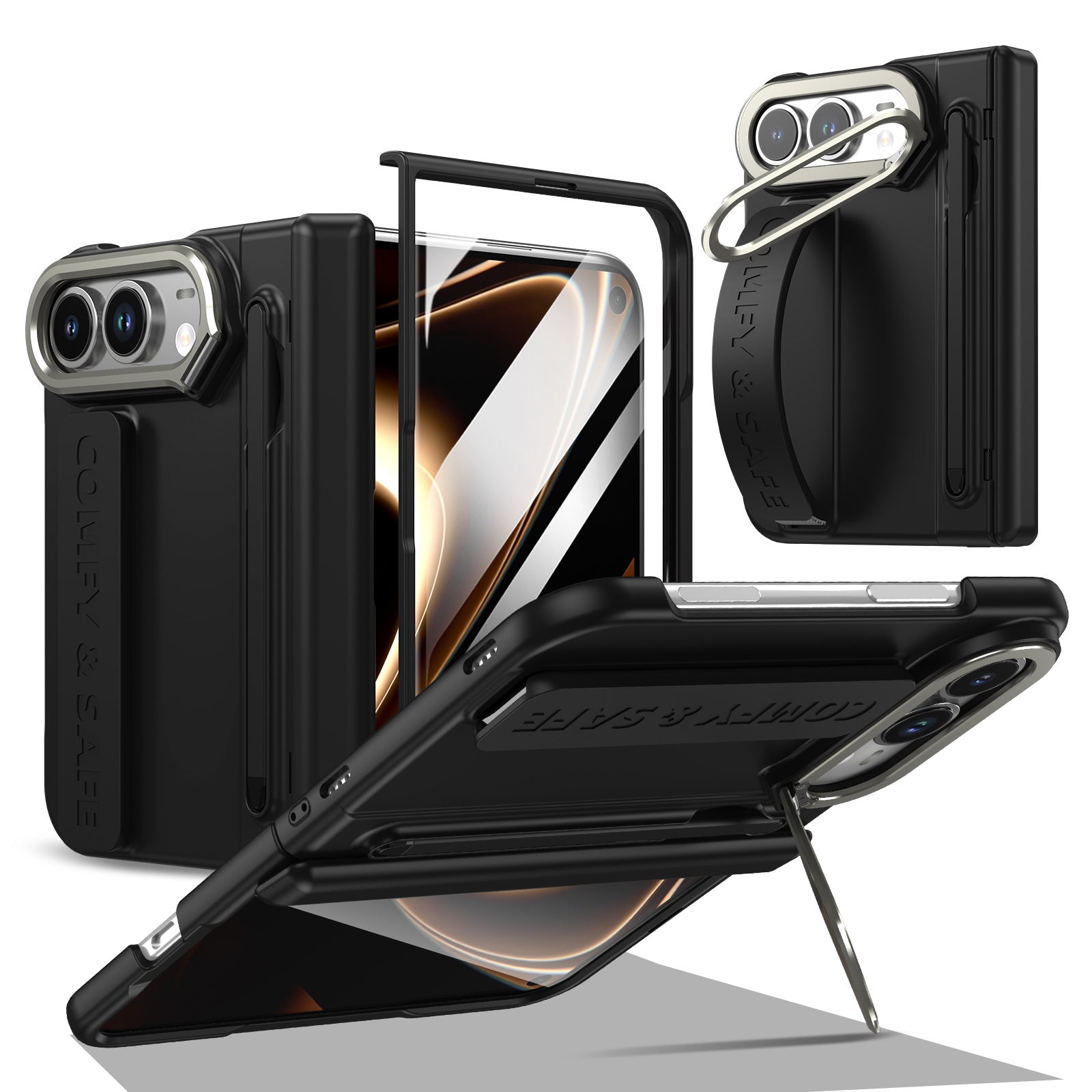 ZEERA FoldGrip Pro for iPhone Ultra & Galaxy Z Fold8: Full-Cover Hinge Case with Aluminum Camera Kickstand, Wrist Strap & Stylus