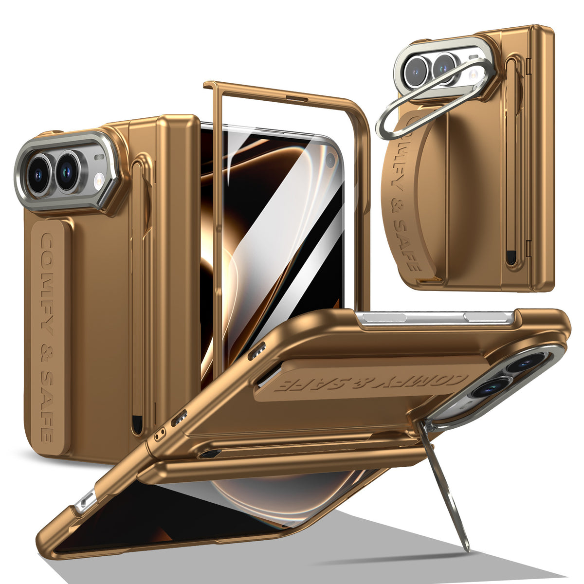 ZEERA FoldGrip Pro for iPhone Ultra & Galaxy Z Fold8: Full-Cover Hinge Case with Aluminum Camera Kickstand, Wrist Strap & Stylus