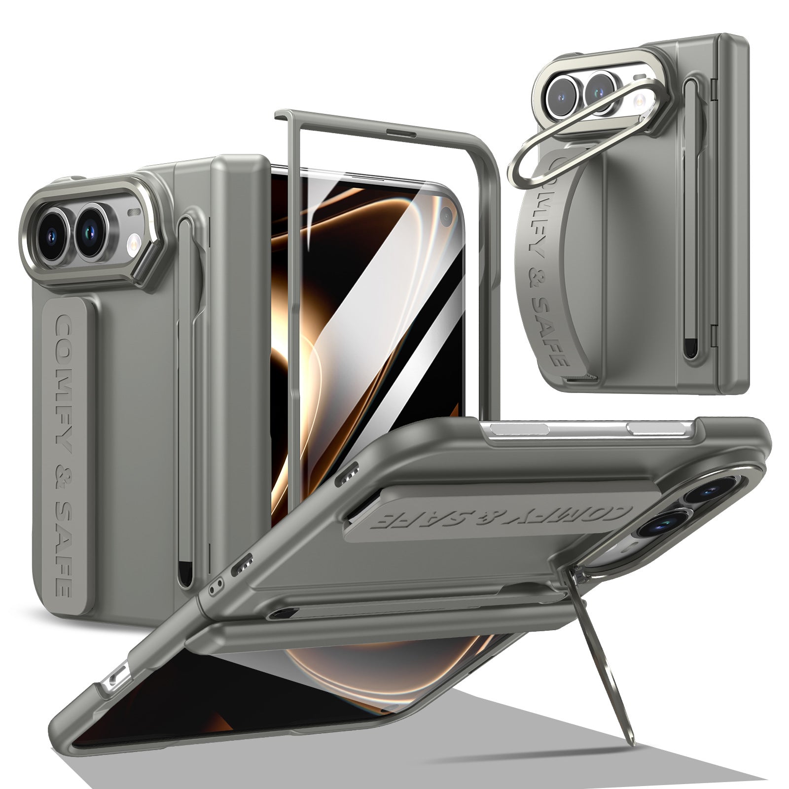 ZEERA FoldGrip Pro for iPhone Ultra & Galaxy Z Fold8: Full-Cover Hinge Case with Aluminum Camera Kickstand, Wrist Strap & Stylus