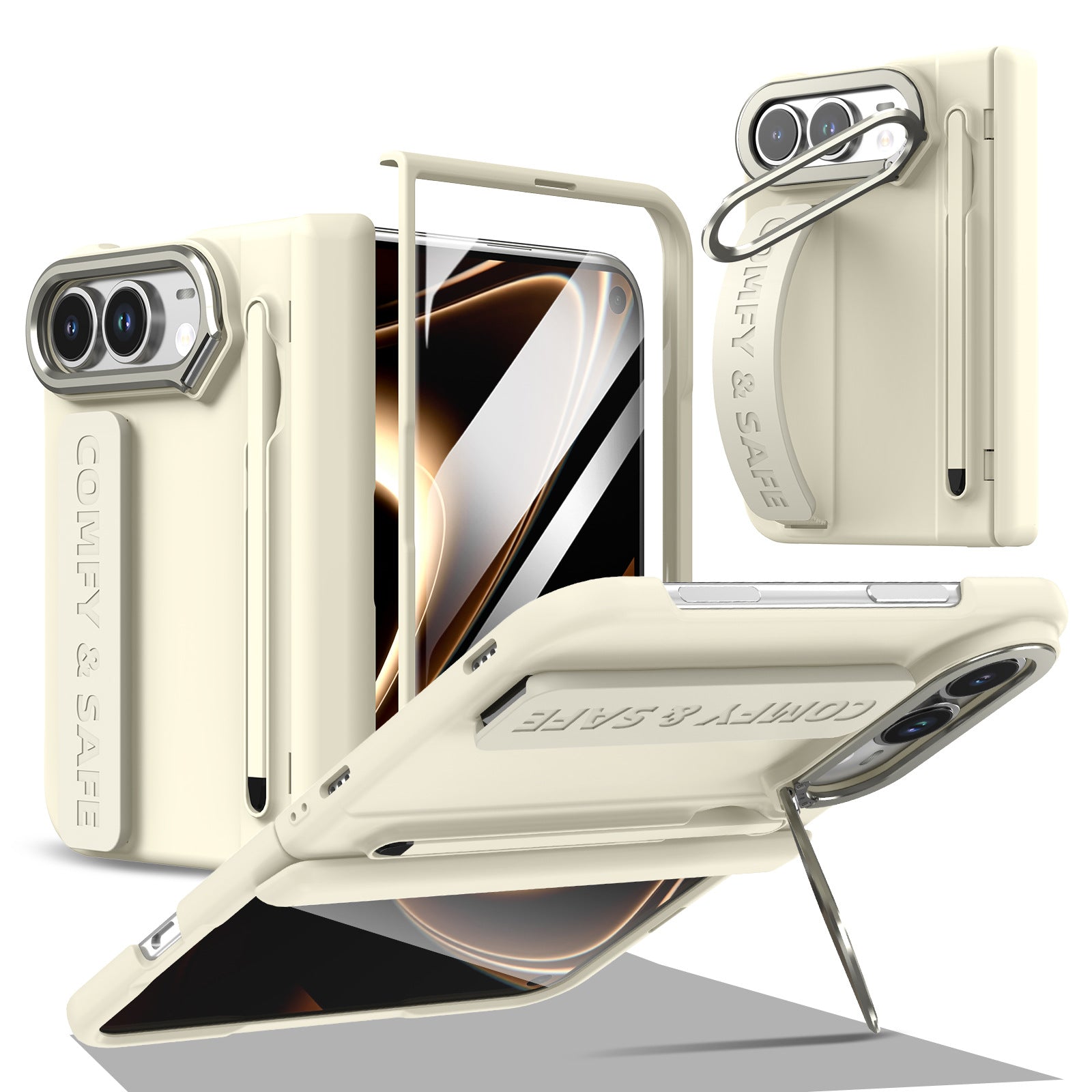 ZEERA FoldGrip Pro for iPhone Ultra & Galaxy Z Fold8: Full-Cover Hinge Case with Aluminum Camera Kickstand, Wrist Strap & Stylus