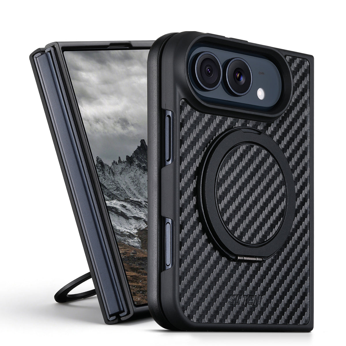 ZEERA FoldMatrix Pro Case for iPhone Duo: Bold Weave Carbon Fiber-Style PC MagSafe Case with 360° Rotating Kickstand