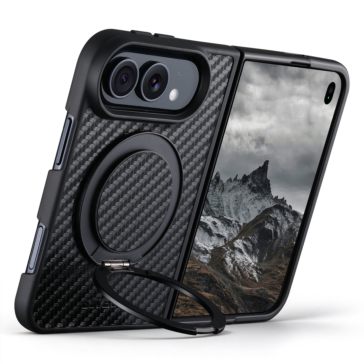 ZEERA FoldMatrix Pro Case for iPhone Duo: Bold Weave Carbon Fiber-Style PC MagSafe Case with 360° Rotating Kickstand