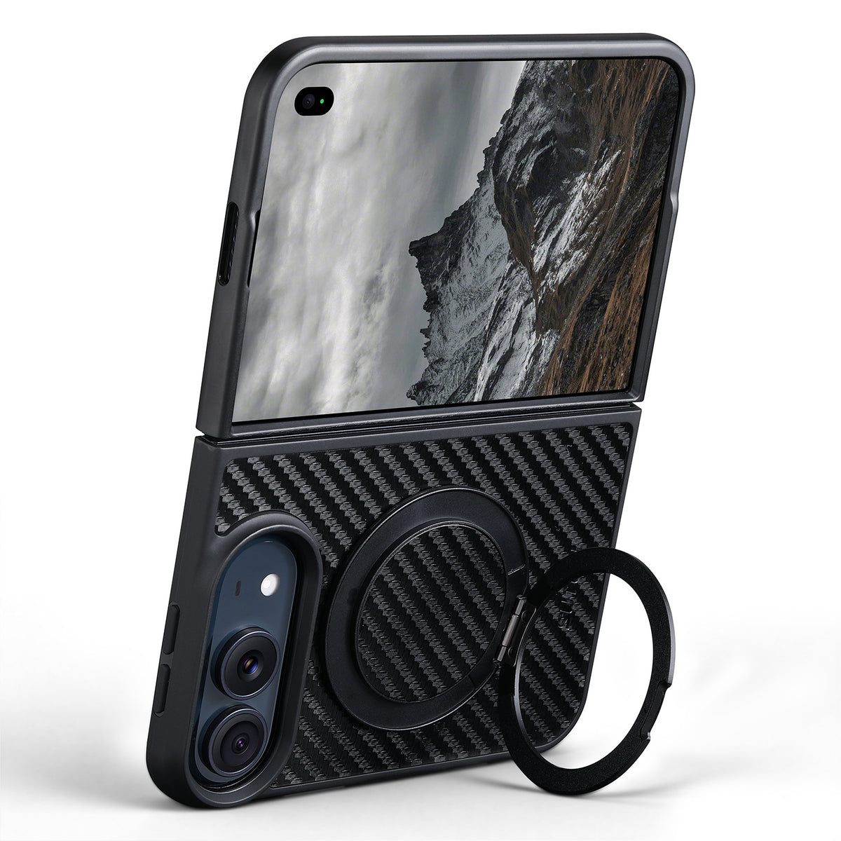 ZEERA FoldMatrix Pro Case for iPhone Duo: Bold Weave Carbon Fiber-Style PC MagSafe Case with 360° Rotating Kickstand