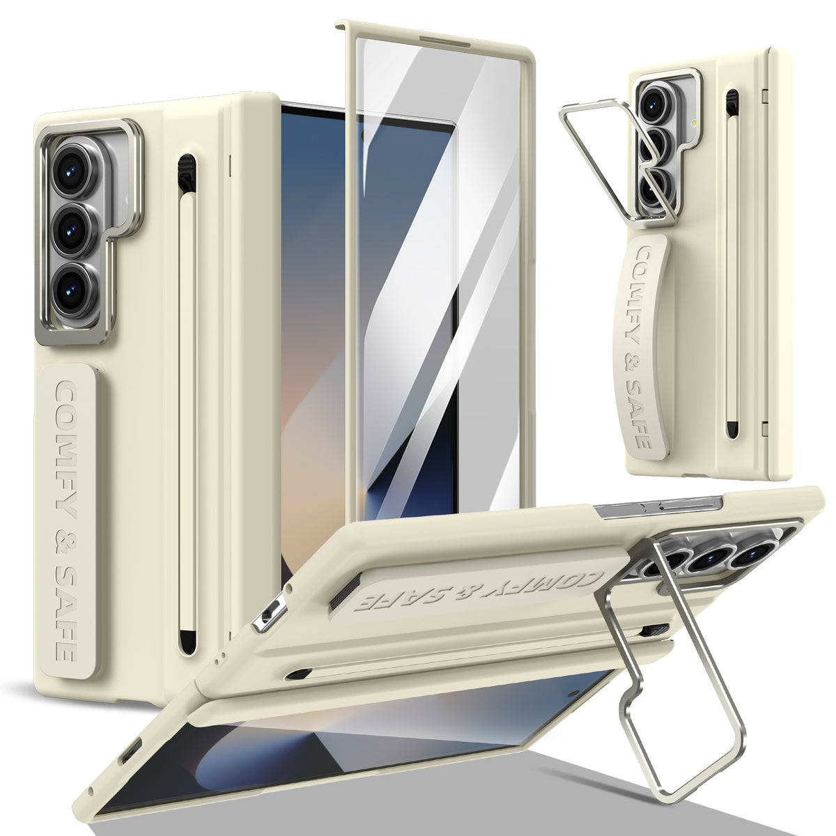 ZEERA FoldGrip Pro for iPhone Ultra & Galaxy Z Fold8: Full-Cover Hinge Case with Aluminum Camera Kickstand, Wrist Strap & Stylus