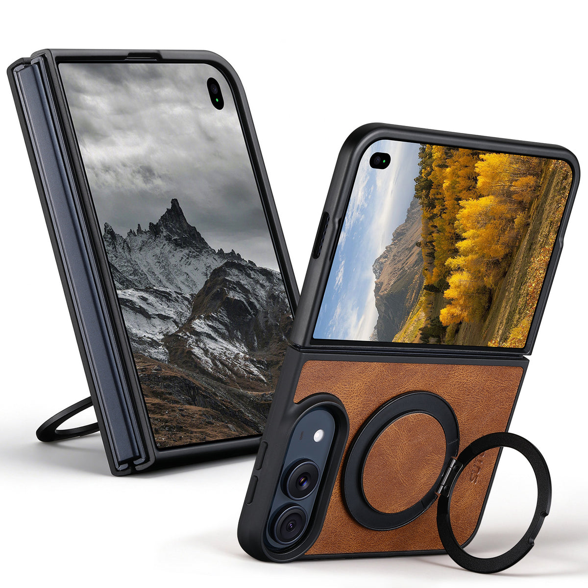 ZEERA FoldLuxe Pro Case for iPhone Duo: Oil-Wax Textured Leather MagSafe Case with 360° Rotating Kickstand